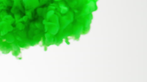 defocused shot of green paint or dye dropped into water against white background to create swirling colourful smoke background