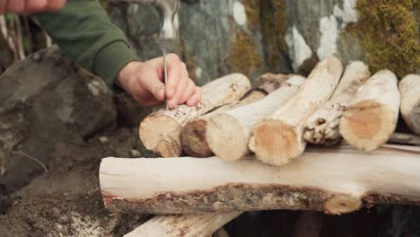 male hands nailing cut firewood with hammer. closeup