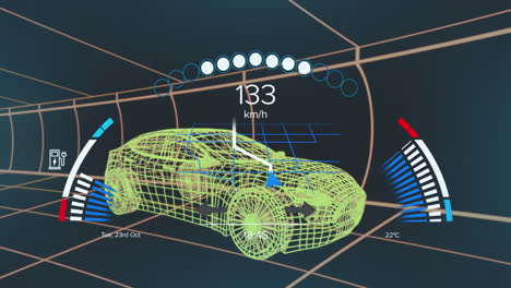 animación del procesamiento de datos del velocímetro sobre el dibujo de automóvil 3d.