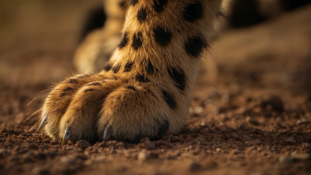 Starting spotted big cat front paw flexing claws, lifting and advancing across red soil, warm light