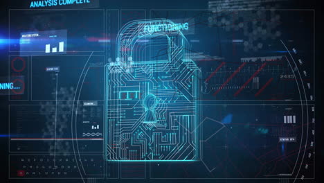 Animation of padlock and digital data processing over computer servers