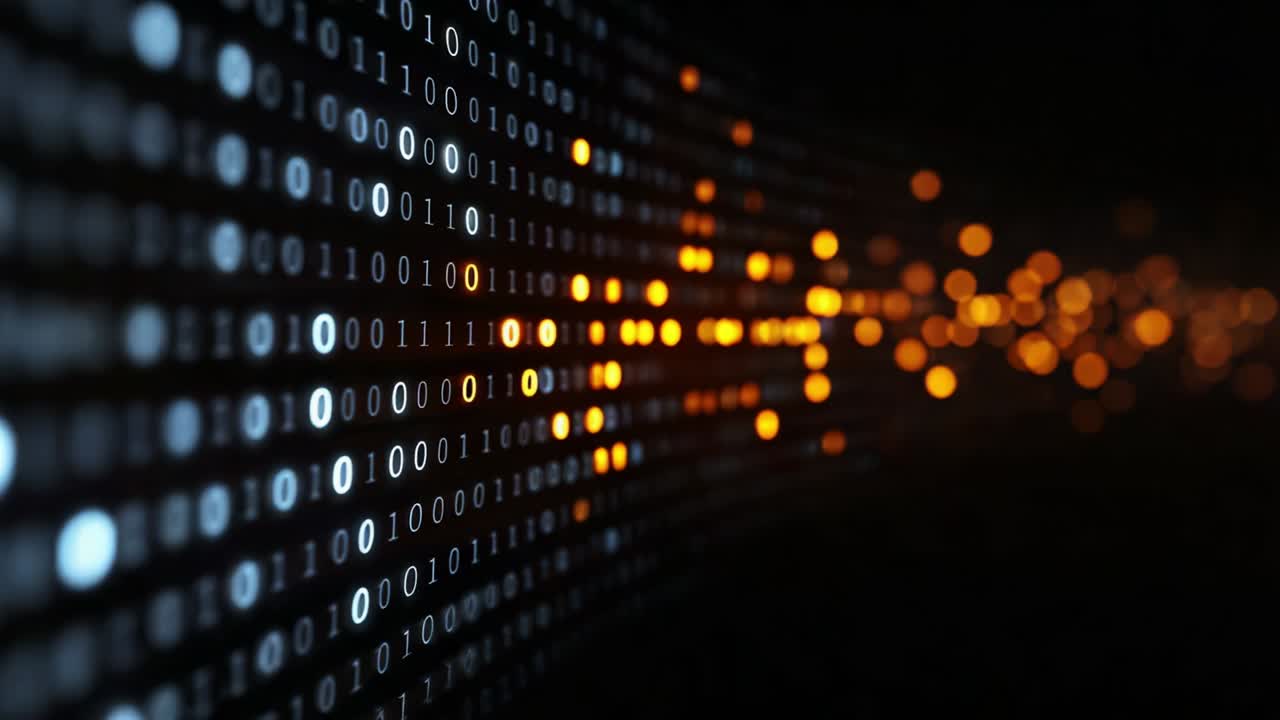 A mesmerizing display of binary code flows with vibrant lights, creating a stunning visual effect that represents the fascinating dance between digital data and illuminated energy in an abstract setting