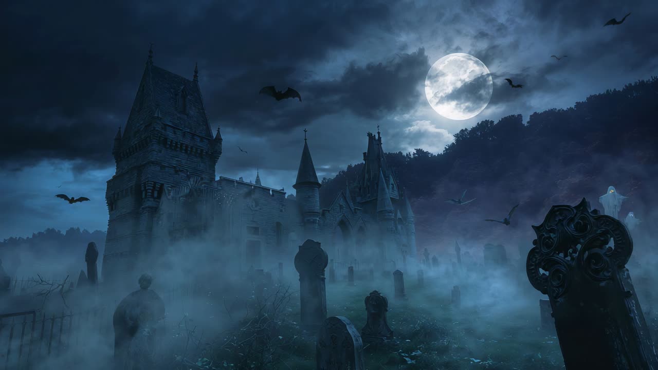 Luna piena che sorge, pipistrelli che emergono oltre il recinto del cimitero e volteggiano intorno alle torrette del castello gotico