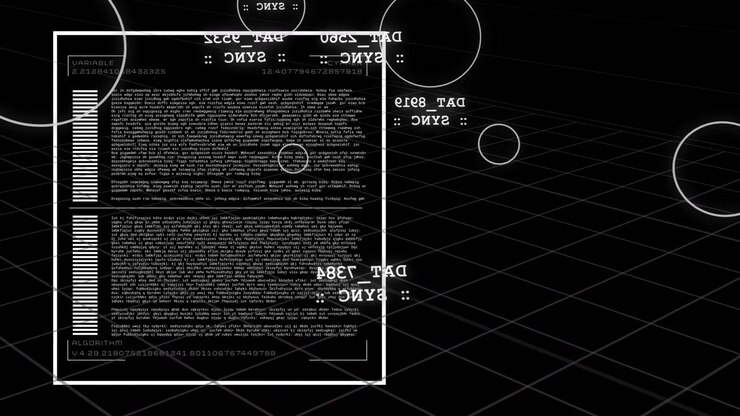 HUD che appare a sinistra riempiendosi di testo e barre di progresso, con anelli che fluttuano ed etichette DAT che si sincronizzano per la tecnologia.