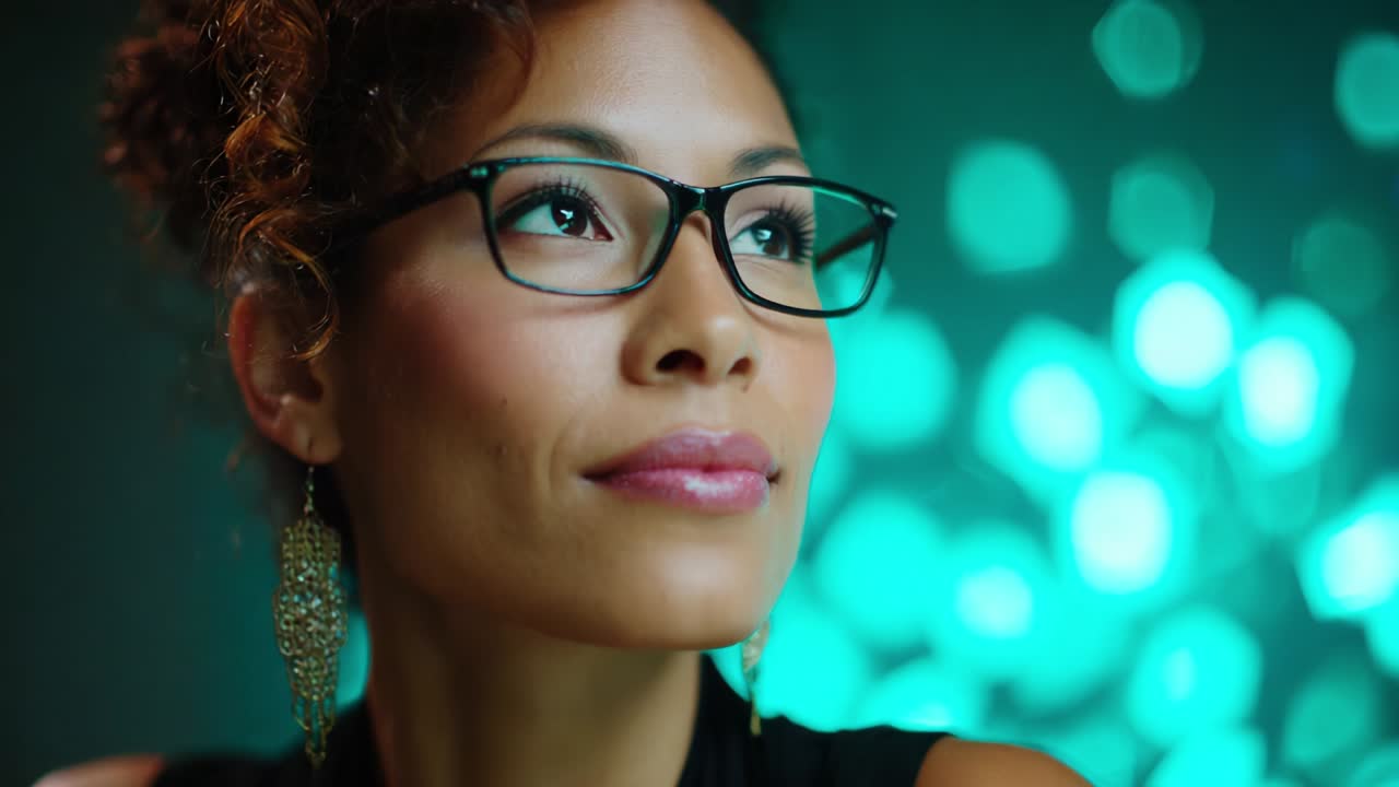 A Thoughtful Woman with Curly Hair and Glasses Stares Reflectively into the Distance, Surrounded by Soft Bokeh Lights Creating a Dreamy Ambiance and Highlighting Her Poised Expression