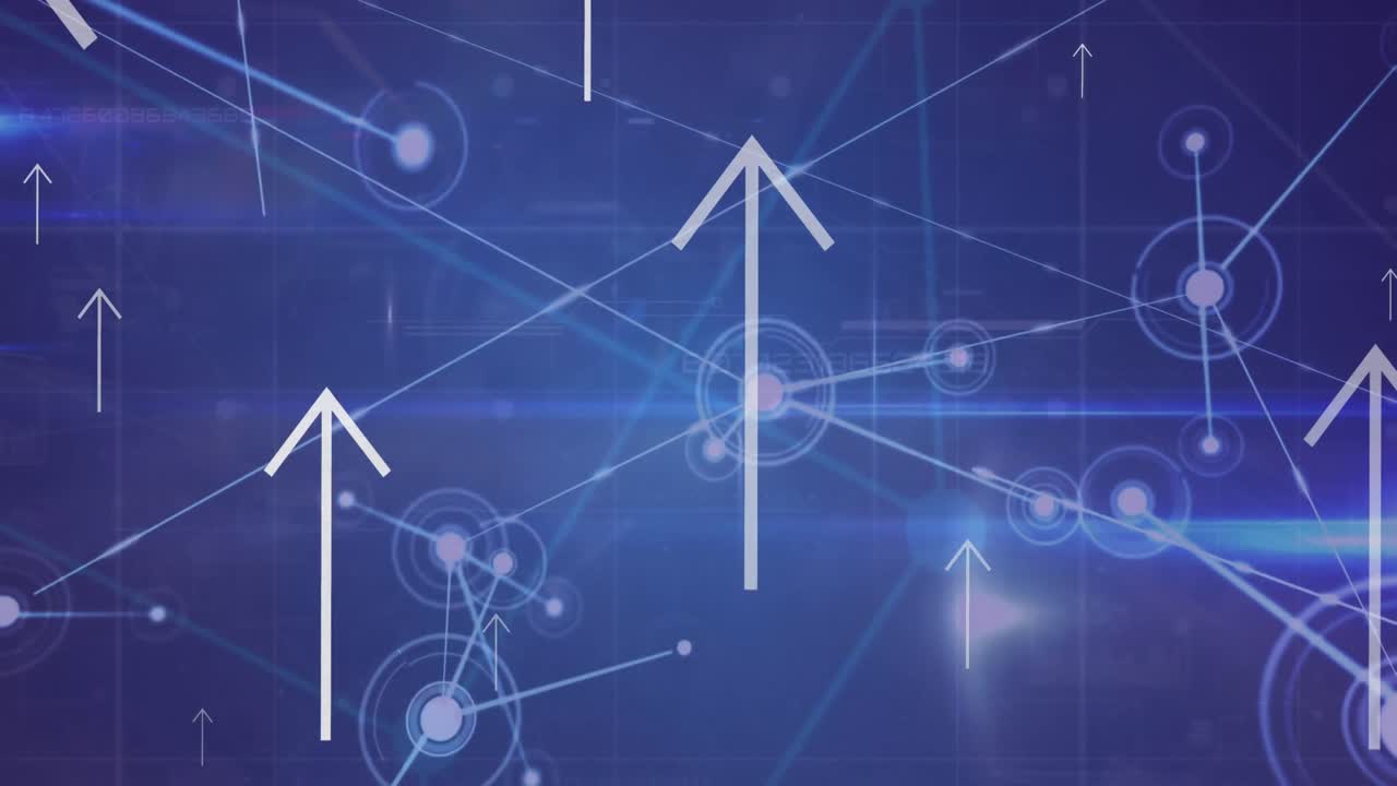 animación de flechas sobre una red de conexiones en fondo azul.