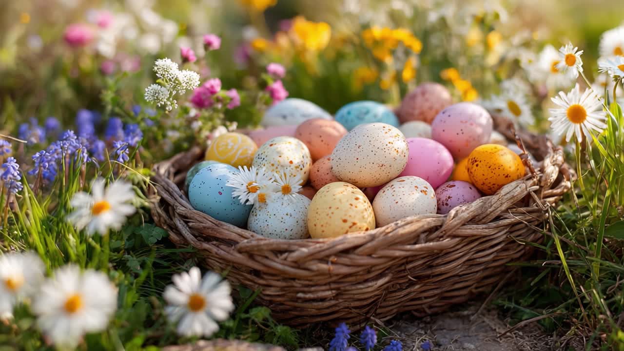 A Colorful Array of Easter Eggs Nestled Among Vibrant Spring Flowers in a Woven Basket, Capturing the Spirit of Celebration and Seasonal Joy