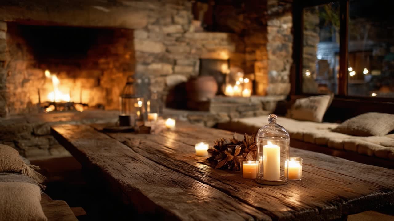 Salotto rustico accogliente e caldo con camino in pietra, illuminazione soffusa da candele e decorazioni naturali che creano un'atmosfera invitante per il relax e gli incontri