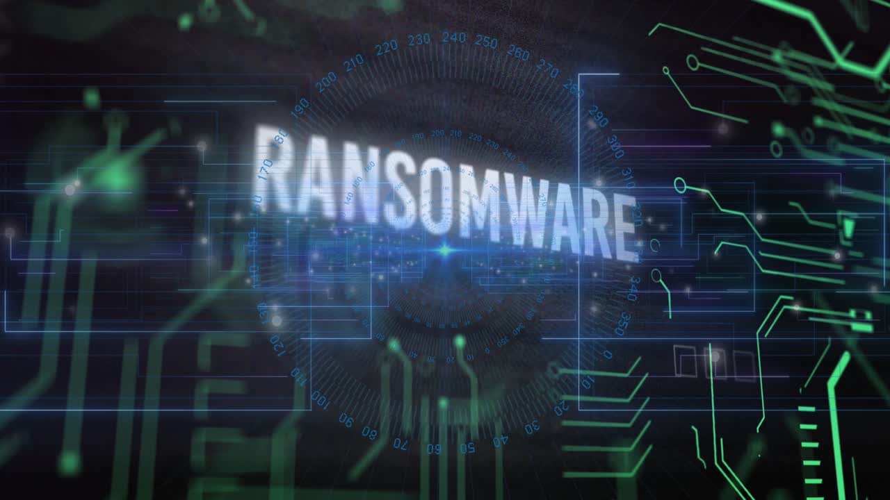Animation af ransomware-tekst over printplademønster og skiftende tal i cirkler