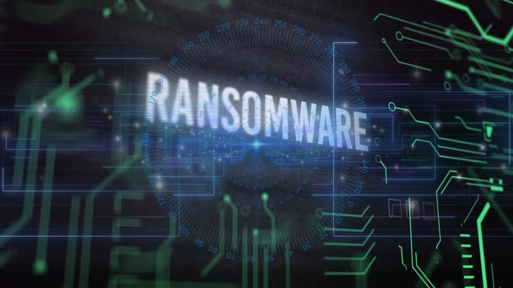 Animation of ransomware text over circuit board pattern and changing numbers in circles