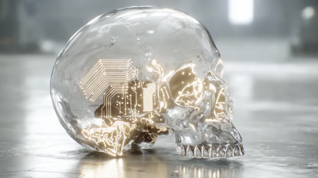 A Futuristic Glass Skull Embedding Circuitry: A Merging of Organics and Technology in a Modernized Still Life