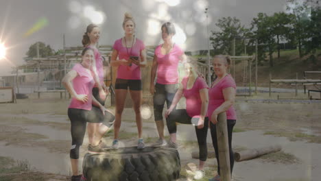 animación de puntos de luz sobre diversas mujeres con el entrenador en una carrera de obstáculos