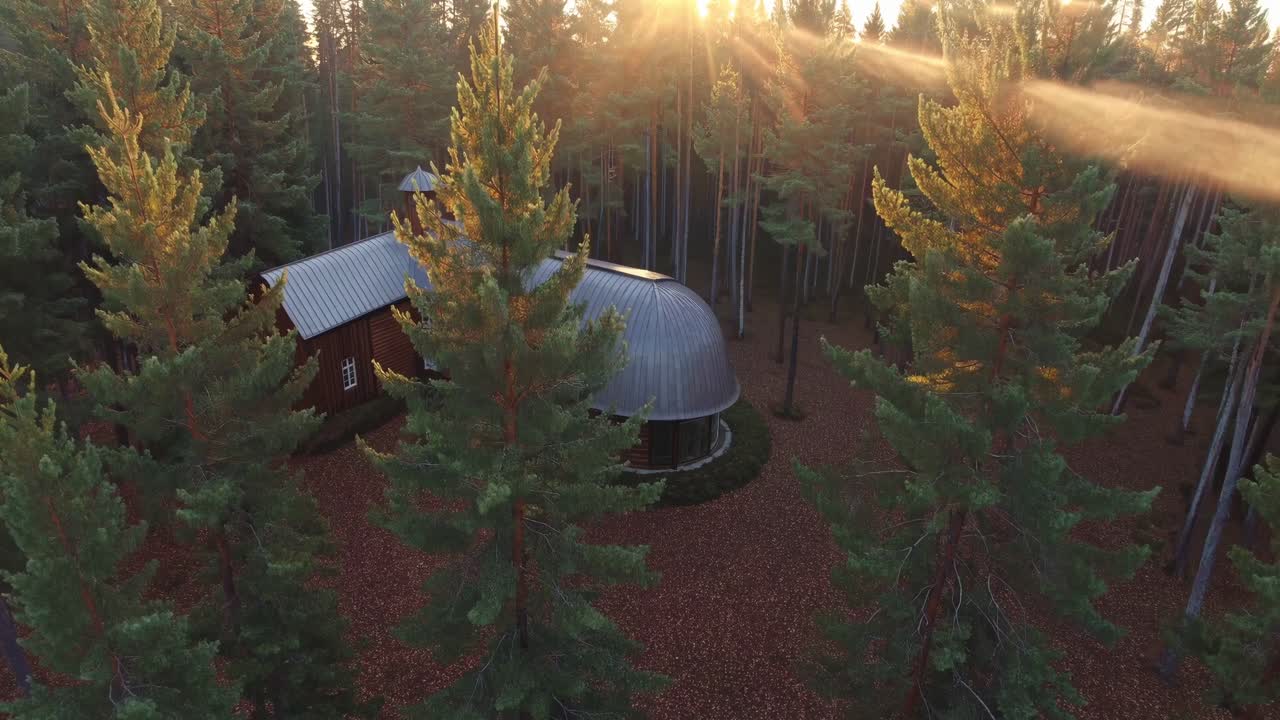 Warm sunlight illuminating a peaceful forest retreat nestled among towering pine trees, creating a serene and tranquil atmosphere as the sun sets, casting beautiful golden hues across the landscape