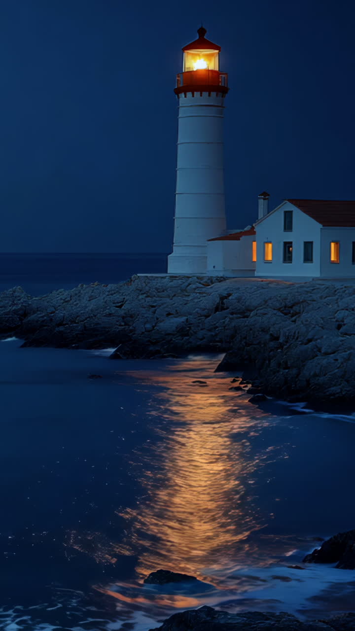 A lighthouse is on a rocky shoreline with a calm ocean. The moon is shining on the water, creating a serene and peaceful atmosphere