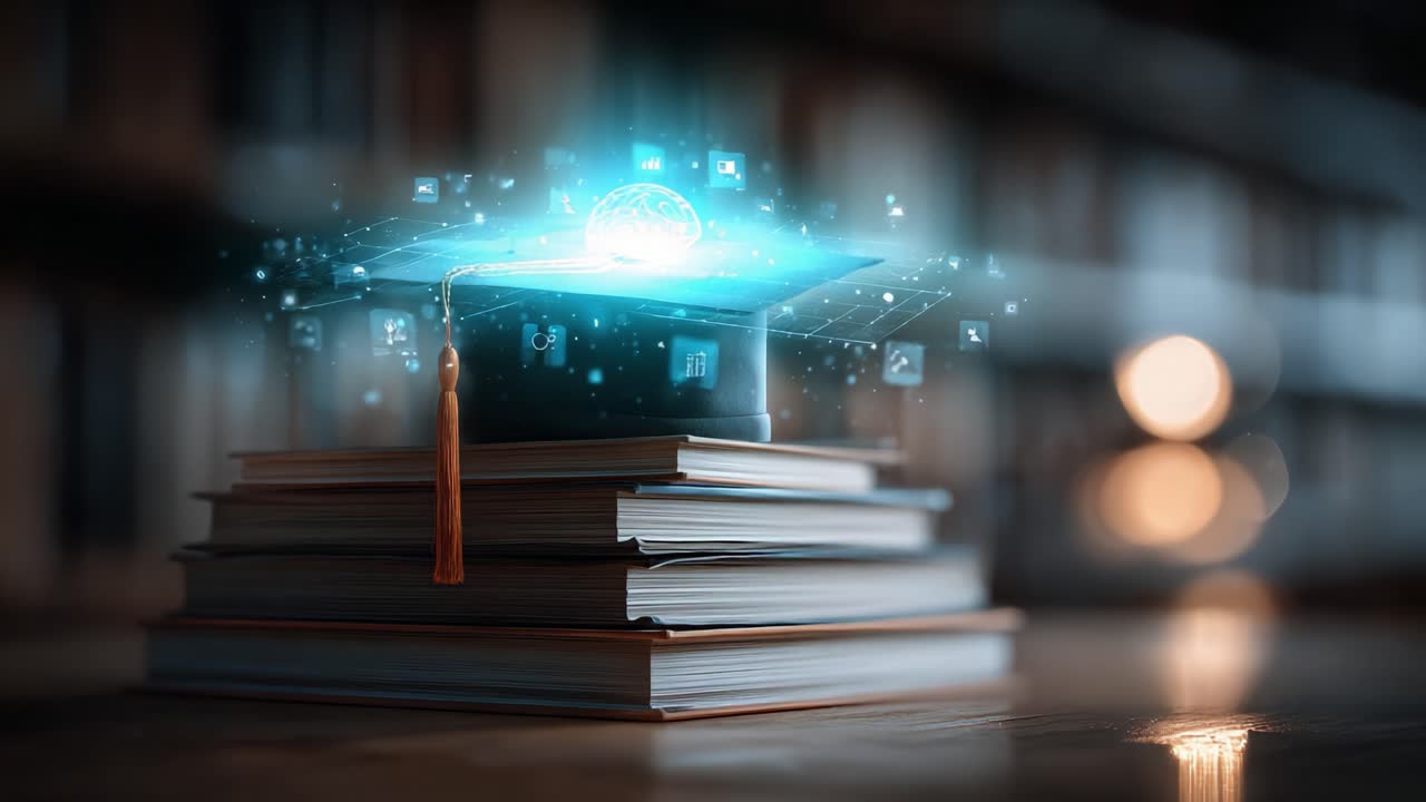 A Visual Journey into the Future of Education: Emphasizing the Role of Technology and Knowledge in Contemporary Learning Environments, Symbolized by a Graduation Cap and Books