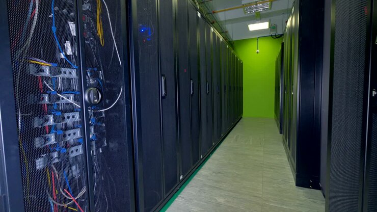 Data center cabinets with black mesh doors.