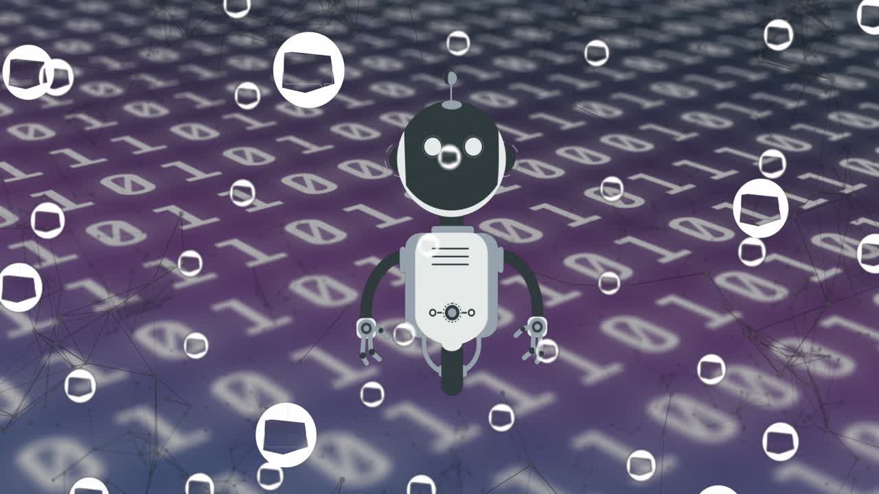 바이너리 코딩 배경 위에 ai 채팅 과 아이콘의 애니메이션