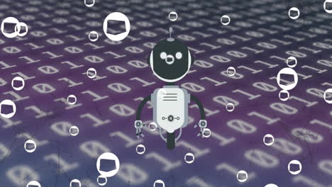animación de un chat bot y iconos sobre un fondo de codificación binaria