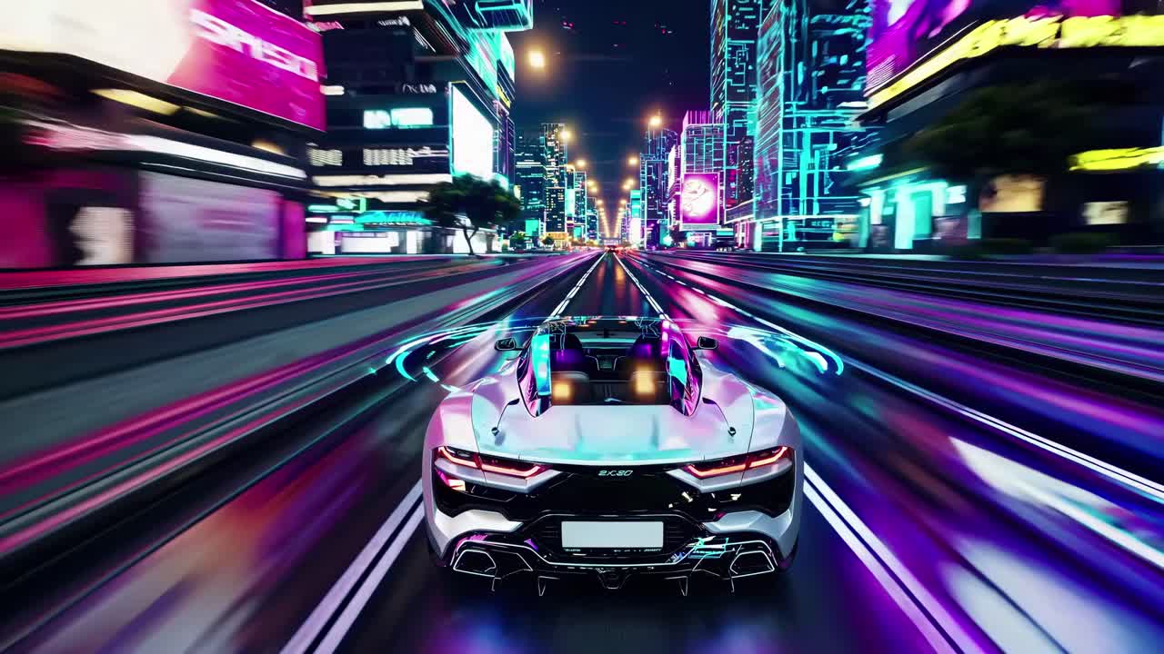 Futuristic video scene of a sleek sports car speeding through a neon-lit cityscape at night