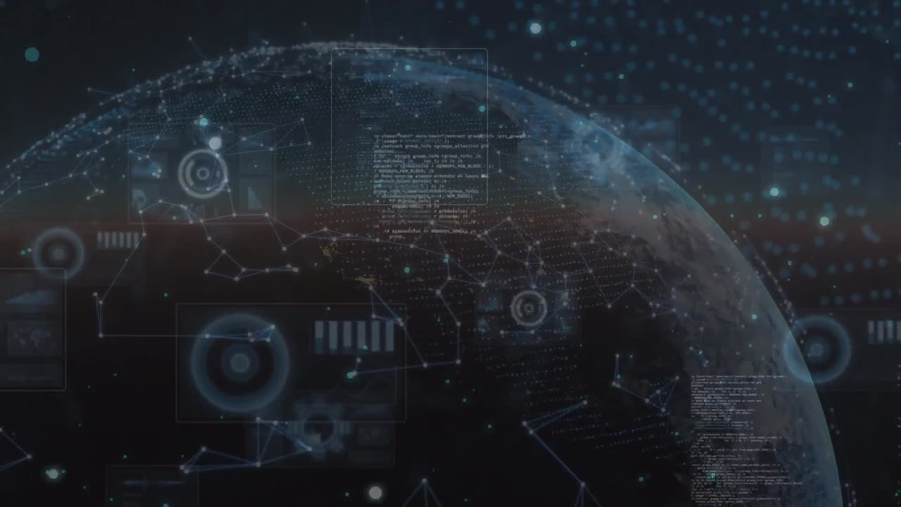 Animation of globe and data processing on black background