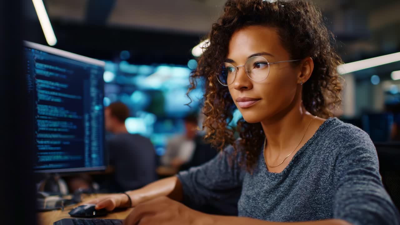 Focused Female Programmer Engaged in Coding and Development at Modern Workspace, Showcasing Her Skills in Technology and Computer Science Innovation