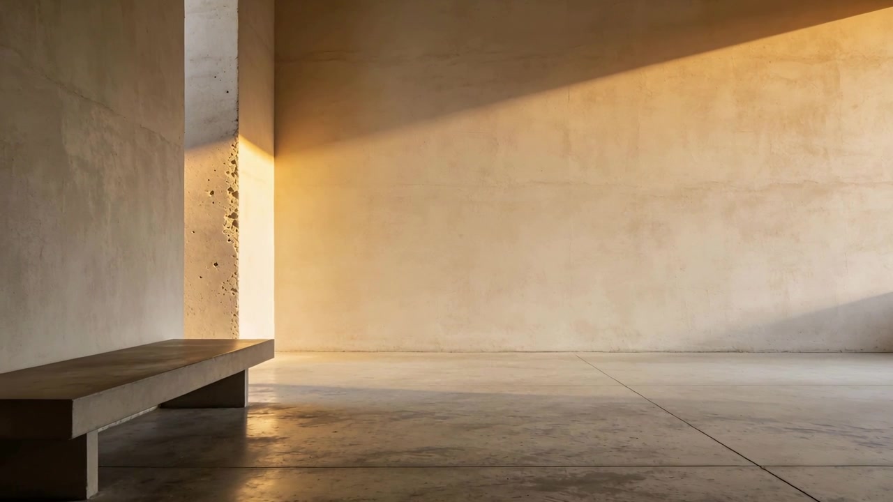 Entering sunlight via high window shifting across hall, bench and column casting shadow, copy space