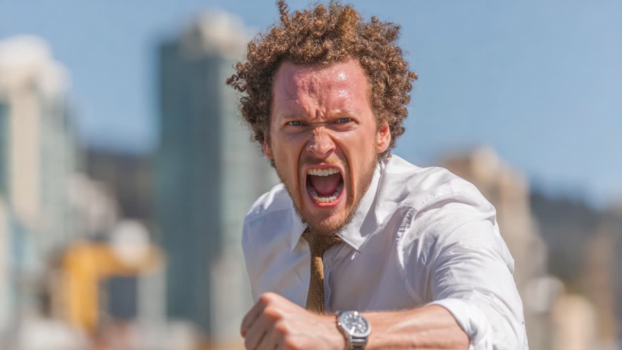 Um momento intenso: um homem de cabelos cacheados demonstra emoção bruta ao gritar e avançar em um ambiente urbano movimentado, capturando a energia bruta de sua frustração