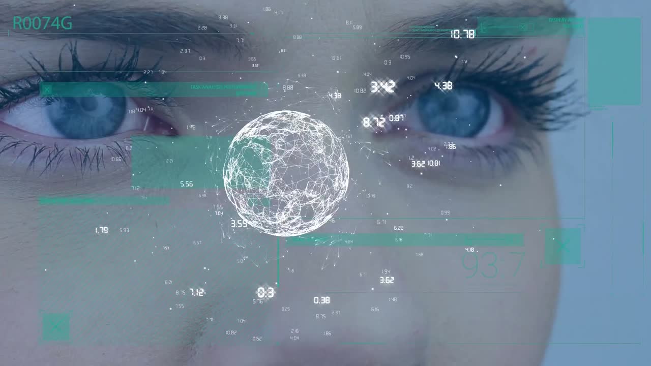 globo de red de conexiones girando contra el primer plano de los ojos de una mujer caucásica