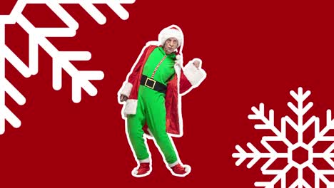 feliz navidad, año nuevo. diseño de stop motion, animación de arte. hombre de baile como mal santa claus. danza de moda en rojo. gracioso, moderno, conceptual, contemporáneo brillante 4k artcollage. concepto de tiempo de fiesta