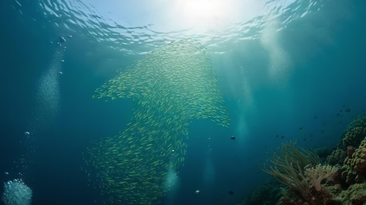 Dynamic School of Fish Forming Patterns Underwater with Coral Reef Below, Capturing the Essence of Marine Life and Fluid Movement in Natural Habitat
