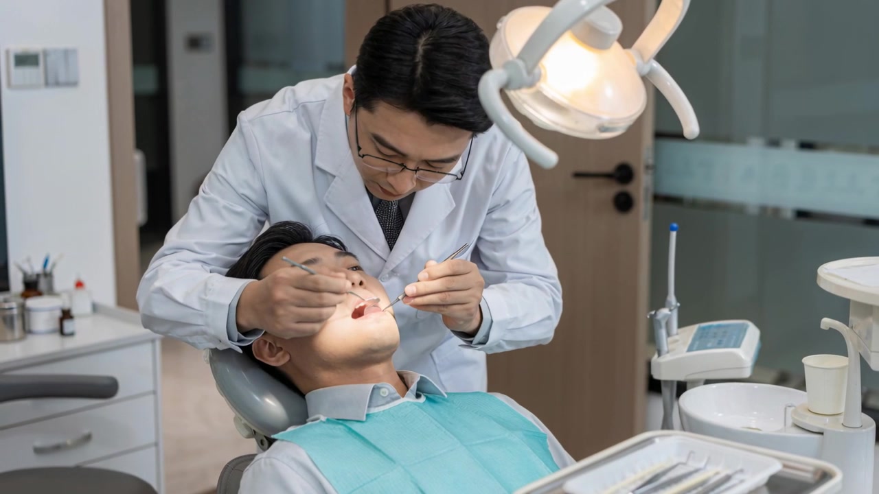Đèn định vị, nha sĩ mặc áo blouse trắng khám bệnh nhân để kiểm tra tổng quát trong phòng khám, sử dụng gương và ống hút.