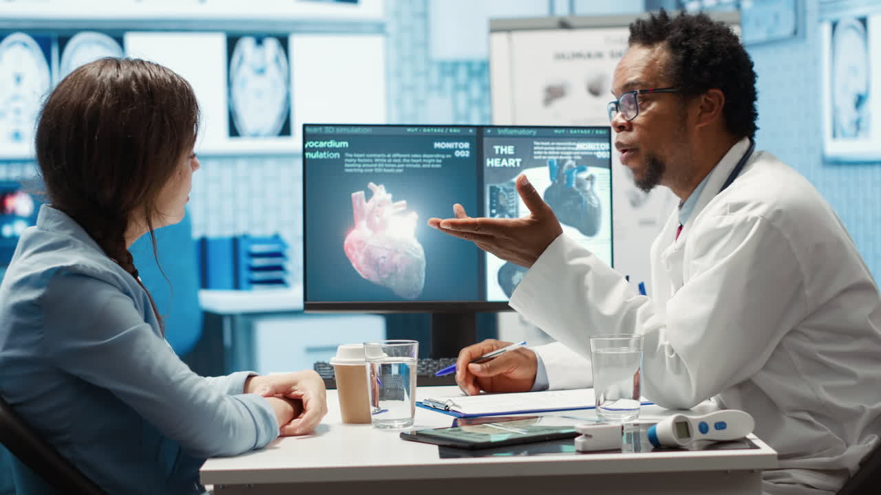 Medical specialist showing the internal organs scans to woman in cabinet