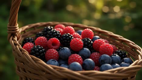 a delightful assortment of fresh berries gathered in a rustic basket, showcasing raspberries, blackberries, and blueberries amidst a lush green backdrop