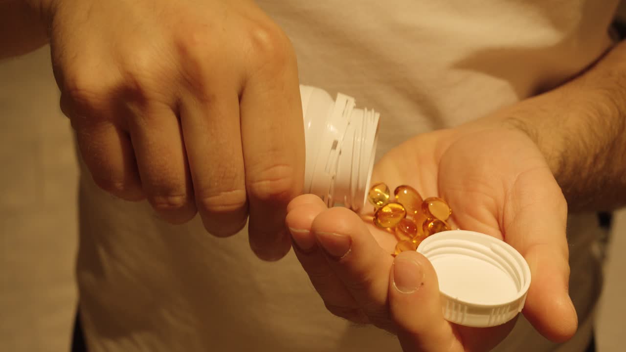 A man opens a white bottle and pours omega capsules into his hand, showing a daily health routine in a detailed close-up shot