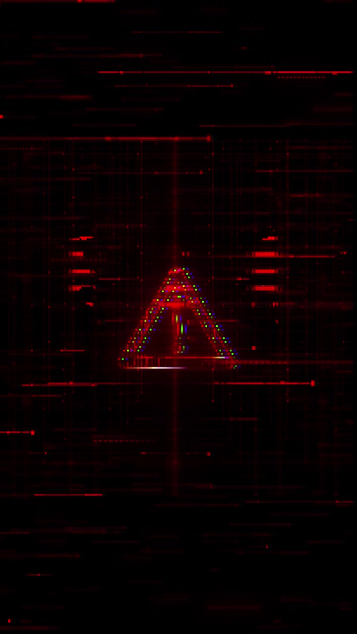 Red cyber warning alert background with glitch triangle symbol grid lines dotted code blocks dark
