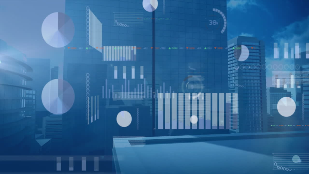 Financial data charts and graphs animation over cityscape background