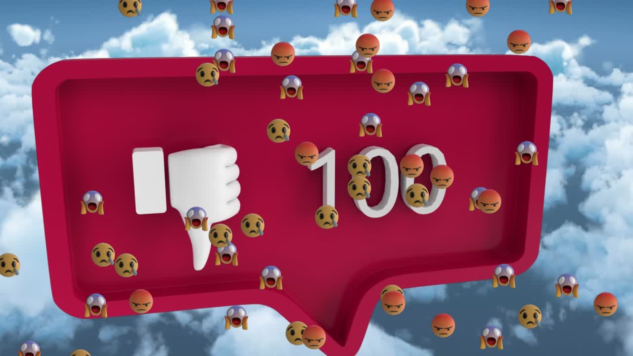 Animación de emoticonos flotando sobre reacción de 'no me gusta' en redes sociales y nubes