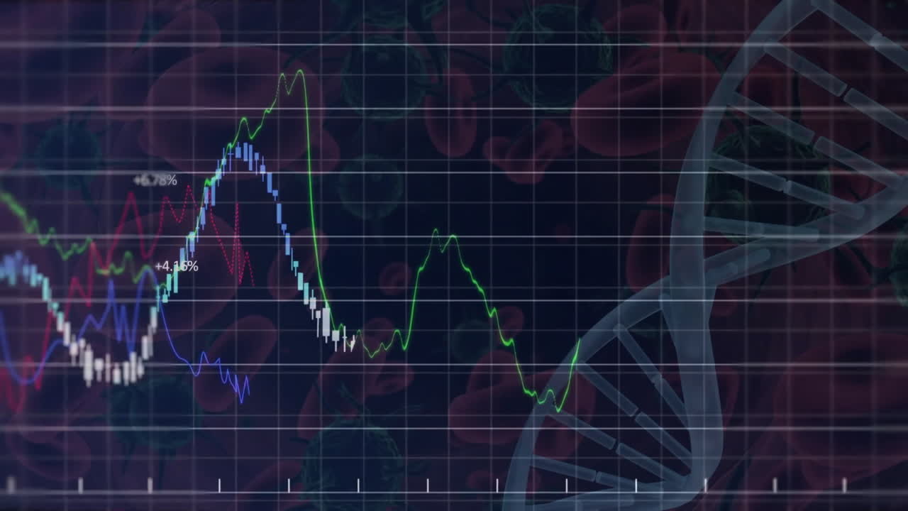Animation of dna strand over graphs and charts processing data on black ...