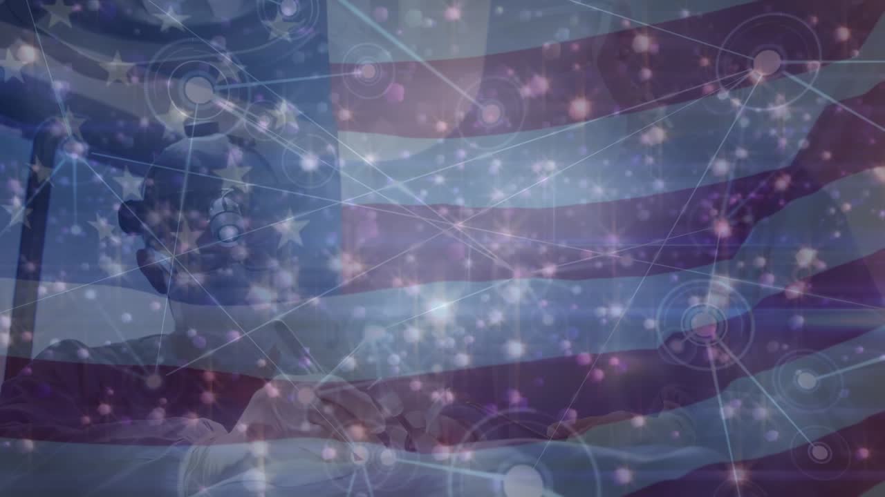 Animation of falling stars and network of connections over surgeons in operating theatre