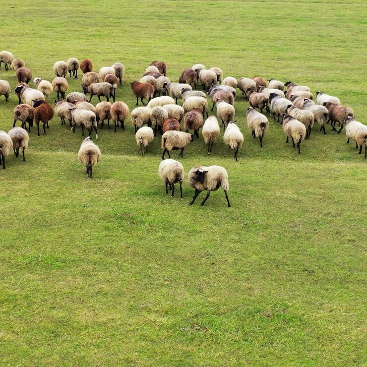 White and brown sheep walking on field. Motion of group of animals outdoors. Fluffy sheep returning to the farm from pasture.