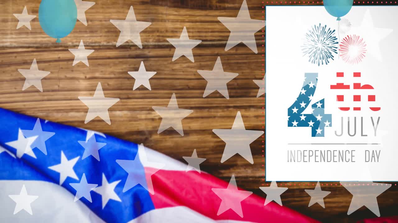 미국 패턴의  ⁇ 발 위에 있는 독립기념일 텍스트의 애니메이션