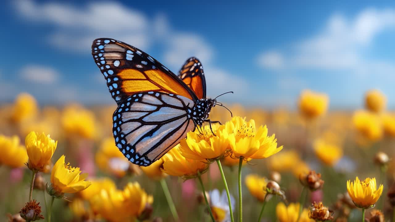 A Majestic Monarch Butterfly Gracefully Perched on Vibrant Yellow Wildflowers Against a Lush Background of Clear Skies and Fluffy Clouds in Nature's Splendor