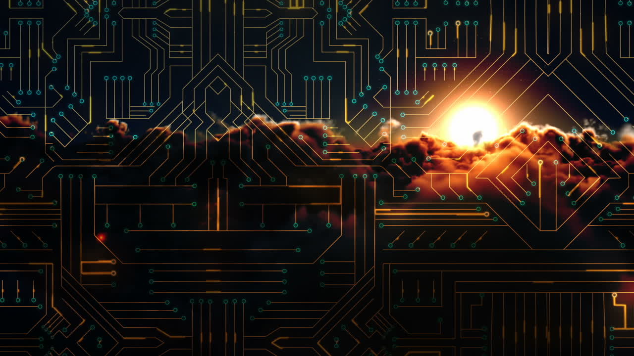 회로판과 일몰의 디지털로 생성된 비디오