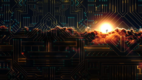 digitally generated video of circuit board and sunset