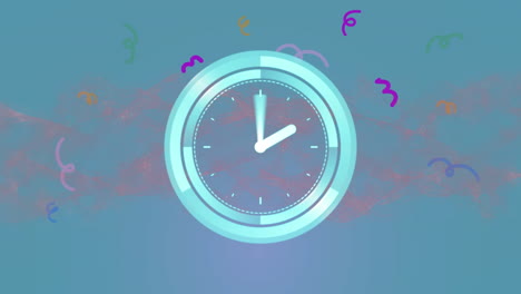 animación del escáner con la esfera del reloj sobre vapor rosa y garabatos sobre fondo azul