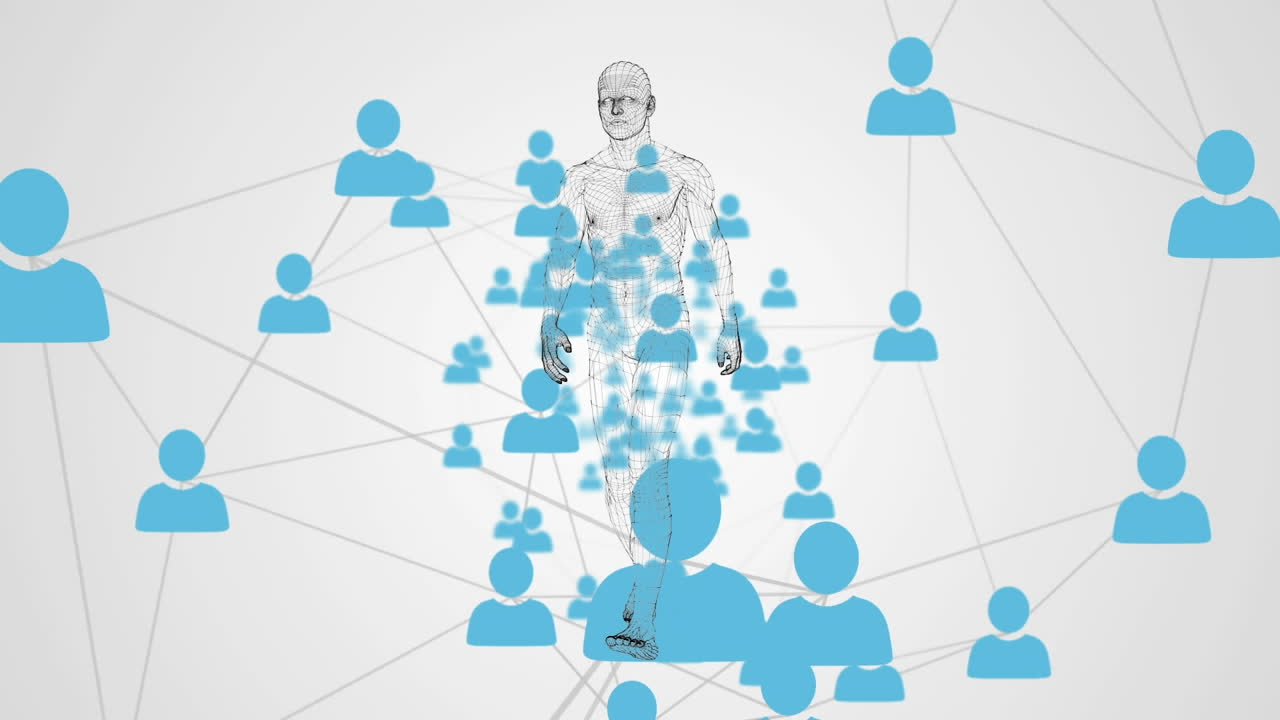 Animation of network of connected blue people icons moving over walking human figure, on white