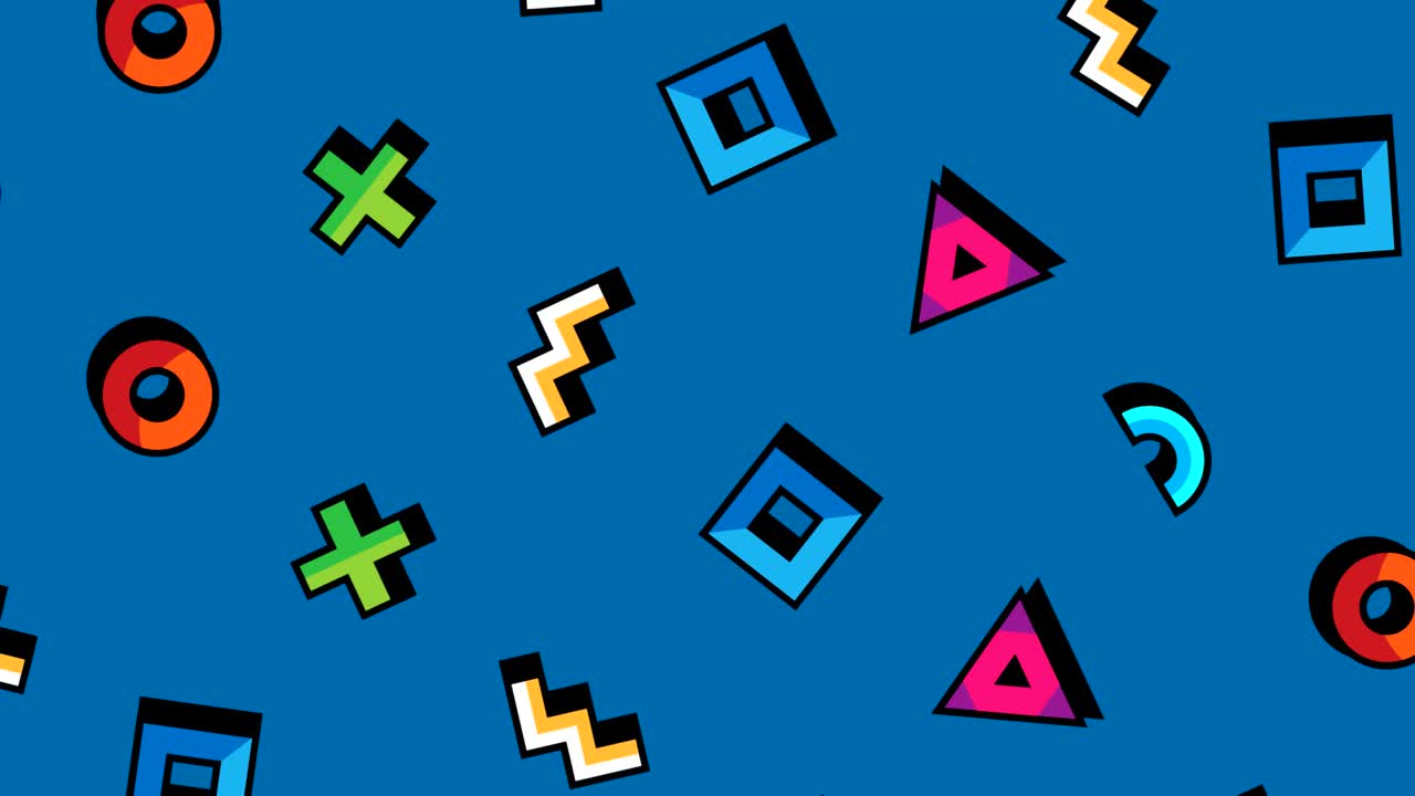 fondo animado abstracto en estilo geométrico. patrón animado con figuras geométricas. triángulo, círculo, cuadrado, líneas curvas en fondo azul. gráfico de movimiento