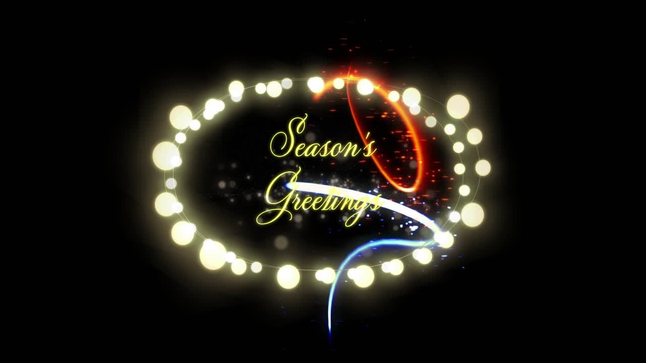 Red spark appearing top-left and blue light sweeping golden oval, weaving Season's Greetings trails