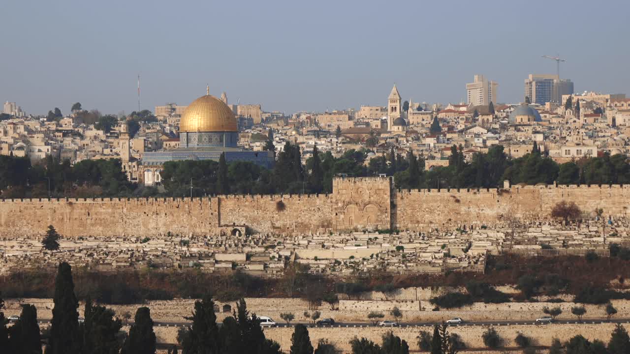 Panning Shot Of Sunset Over Jerusalem Rooftops, Including Dome Of the Rock