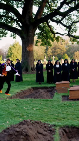 man jumping in a cemetery
